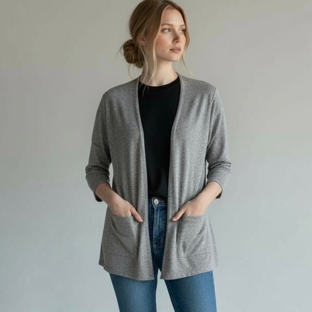 Doublju Women’s Medium Gray Open Front Cardigan Pockets Stretch Knit NWT